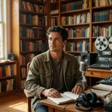 Portrait of Dev, who writes about picture and sound, in a sunlit room