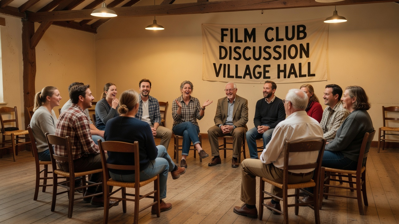A circle of people of mixed ages talking animatedly on chairs in a village hall after a screening