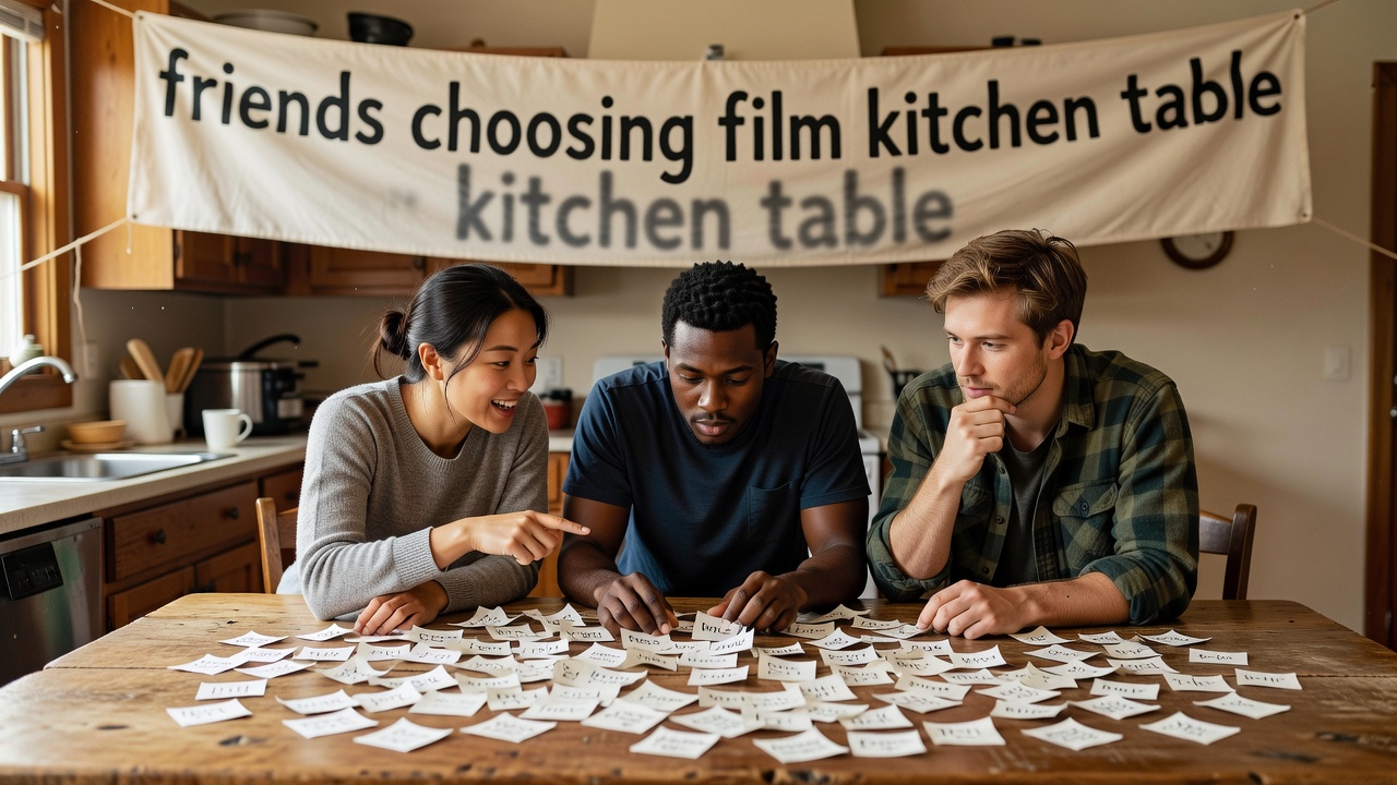 Friends leaning over a kitchen table covered with handwritten film suggestions on paper slips