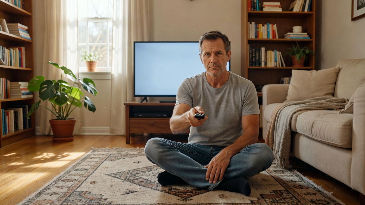 A man sitting cross-legged on a rug adjusting television settings with a remote in a daylit living room