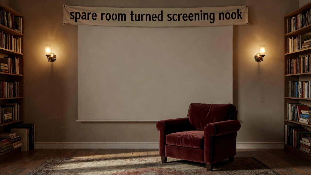 A small spare room with a pull-down screen, a velvet armchair and warm wall lamps glowing