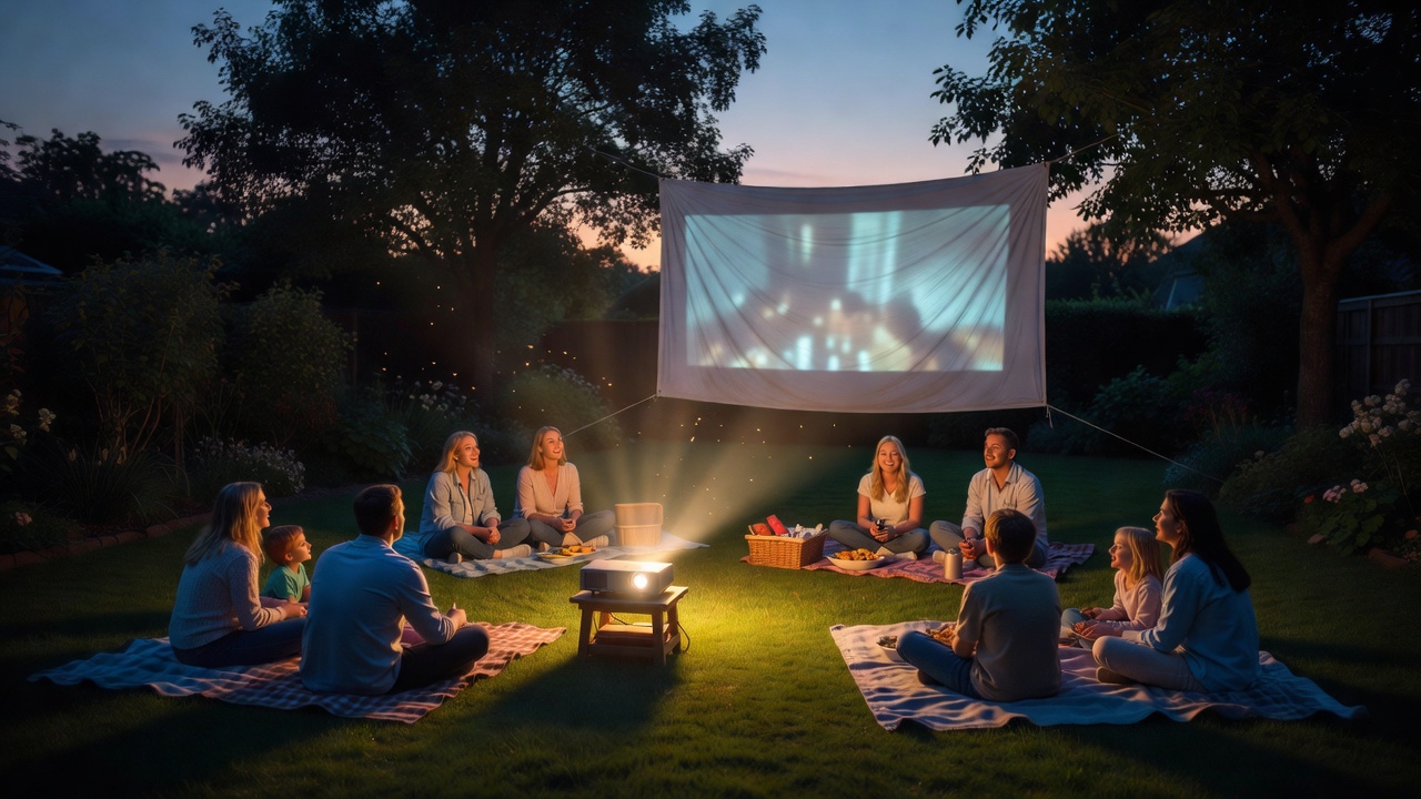 Families on picnic blankets in a back garden watching a film projected onto a white sheet at dusk