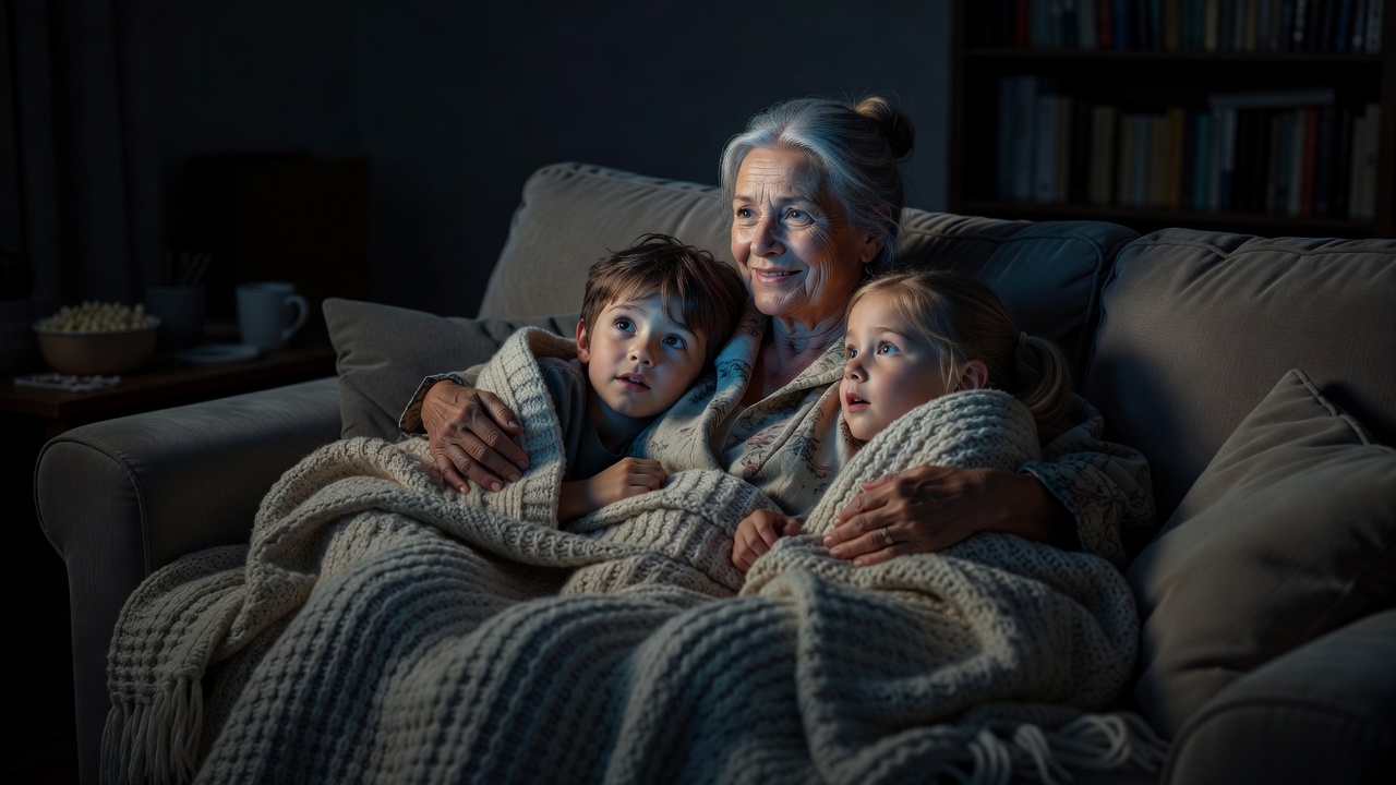 A grandmother and two grandchildren wrapped in blankets on a sofa, faces lit by the glow of a screen