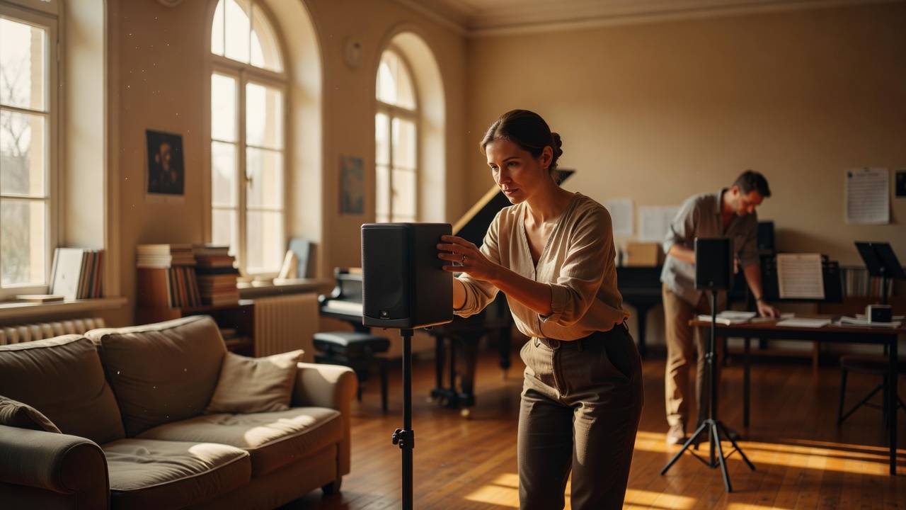 A woman placing a small speaker on a stand beside a sofa while light streams through tall windows