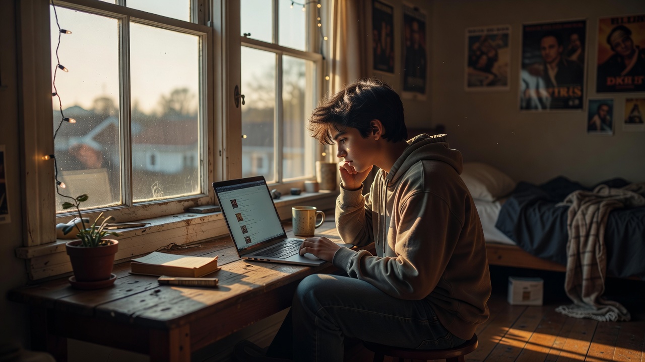 A teenager sitting on a windowsill browsing a film list on a laptop in afternoon light