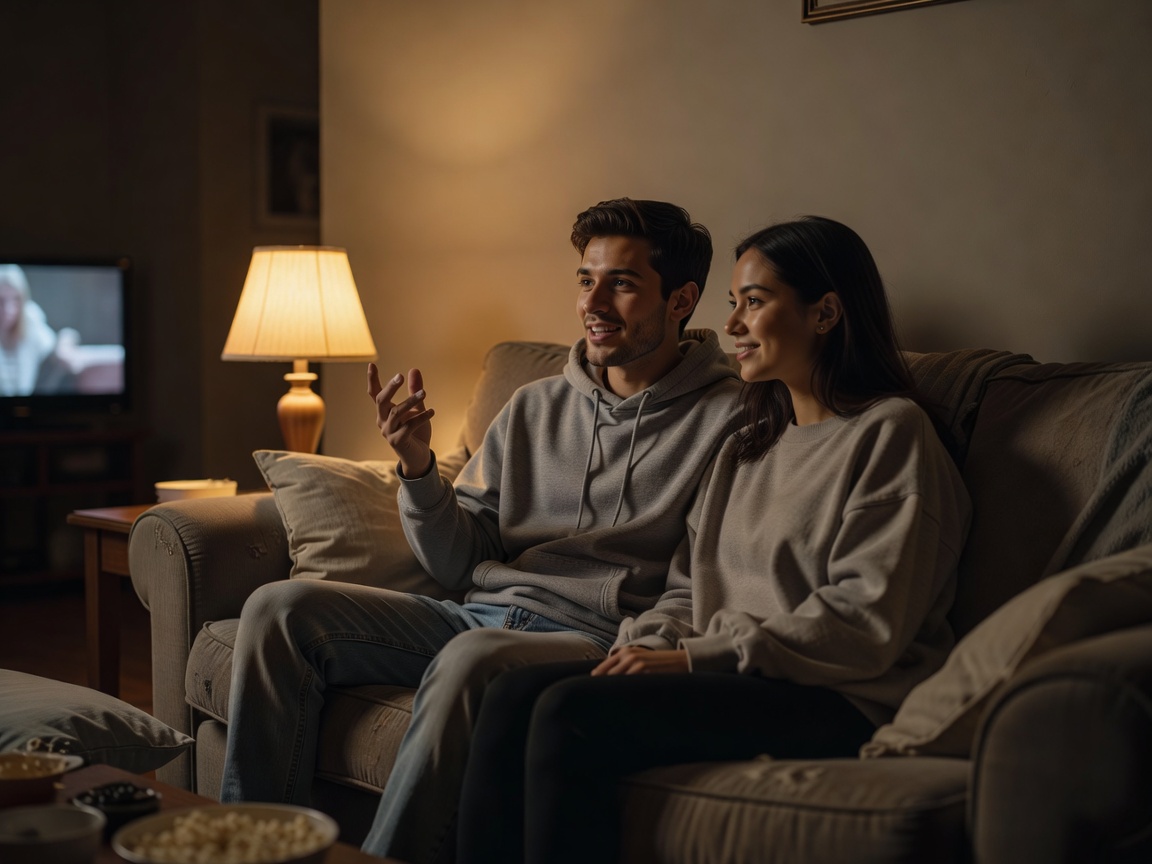 Two friends chatting on a sofa beside a reading lamp, one gesturing mid-story after a film
