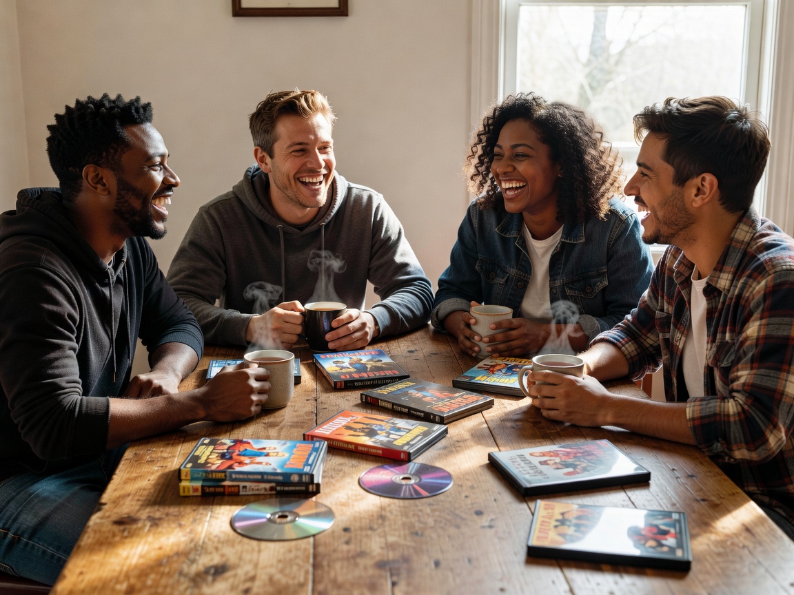 Four friends around a wooden table with mugs of tea and DVD cases, laughing in natural daylight